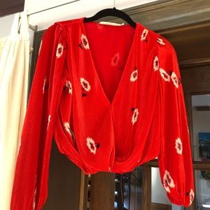 ASTR Red Pleated Long Sleeve Flower Shirt- Never Worn Size XS